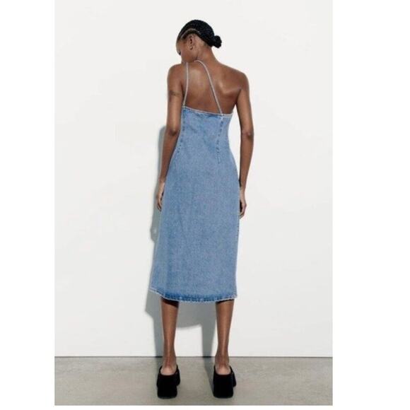 ZARA ASYMMETRIC DENIM MIDI DRESS BLUE Size Extra Small XS - Picture 8 of 11